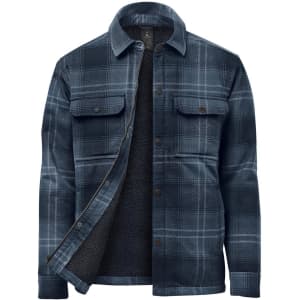 A men's plaid jacket in navy with a sherpa lining and button-up front, featuring chest pockets and a collar.