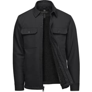 A black men's jacket with a sherpa lining, featuring buttoned chest pockets and a zip front. It has a logo on the inside.