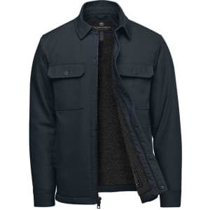 A navy men's jacket featuring a Sherpa-lined interior and two front pockets, with branding visible inside.