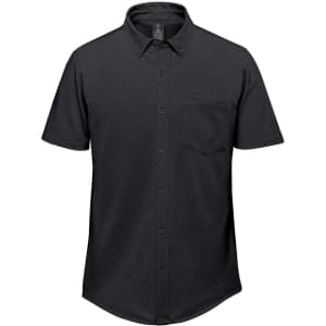 A black short sleeve knit shirt with a collared neckline and a single chest pocket, featuring a logo.