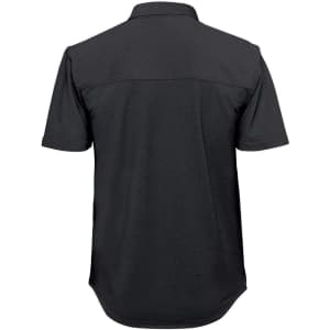 A black short sleeve knit shirt with a collared design and a logo on the back.