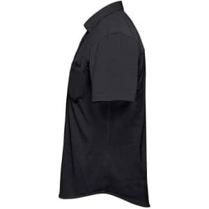 A short-sleeve black knit shirt with a collar and a chest pocket, featuring a logo.