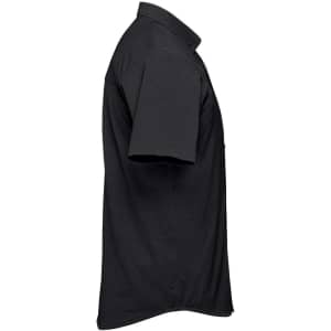 A black short sleeve knit shirt with a collar, featuring a subtle logo on the side.
