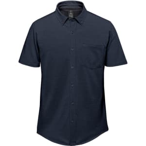 A navy short sleeve knit shirt featuring a button-down collar and a chest pocket, with a logo on the label.