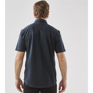 A Men's Sonora short sleeve knit shirt in navy, featuring a plain back design and a collar.