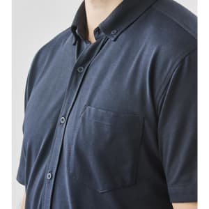 A navy short sleeve button-up shirt featuring a chest pocket and a logo.