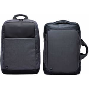 A grey laptop bag with a sleek design, featuring two compartments and a branding logo.