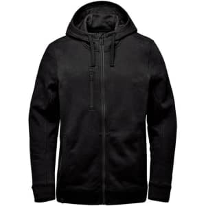 A black fleece hoody with a zip front, drawstring hood, and side pockets. It features a logo on the chest.