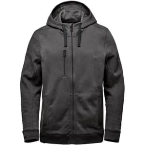 A men's hooded fleece jumper in black with a zip front and side pockets, featuring a logo.