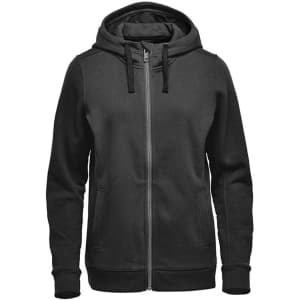 A black women's dolomite fleece hoody with a zip front, drawstring hood, and side pockets. Features a logo.