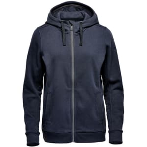 A navy women's fleece hoody with a front zip, hood, and kangaroo pocket. Features a logo on the front.