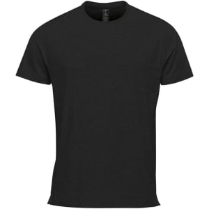 A black short sleeve t-shirt featuring a logo, designed for performance wear.