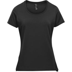 A black women's short sleeve performance tee with a round neckline and a logo.
