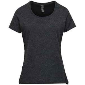 A women's short sleeve tee in dark grey, featuring a round neckline and a logo.