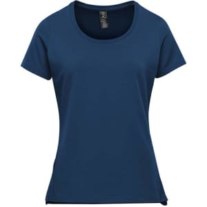 A navy short sleeve women's t-shirt featuring a crew neck and a subtle logo.