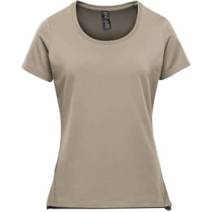 A short sleeve tee in a light khaki colour, featuring a round neckline and a logo on the label.