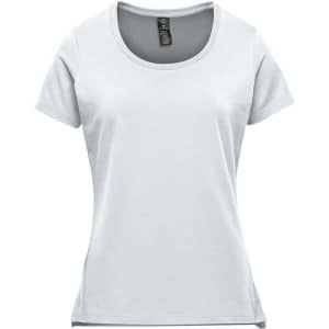 A light blue women's short sleeve tee with a round neckline and a label inside. It features a logo.