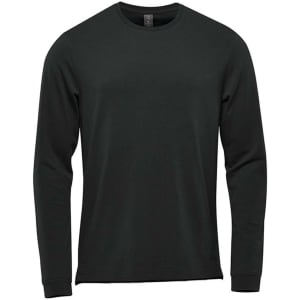 A long sleeve tee in dark green featuring a round neck and a simple design. It has a branding logo.