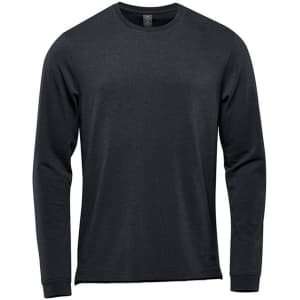 A dark grey long sleeve tee featuring a simple design and a logo.
