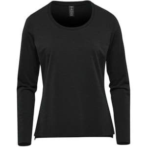 A long sleeve black women's tee with a round neckline and a brand logo.