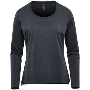 A dark grey long sleeve performance tee with a round neckline and a logo.