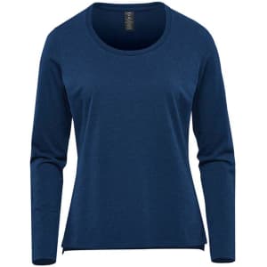 A long-sleeve women's performance tee in navy blue with a round neckline and a logo.