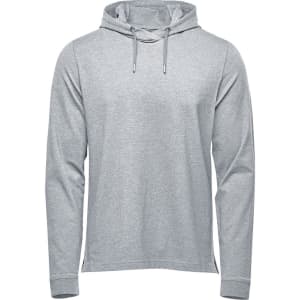 A light grey men's pullover hoody with a hood and long sleeves. The garment features a logo.