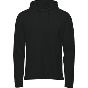 A black pullover hoody with a drawstring hood and long sleeves, featuring a logo on the front.