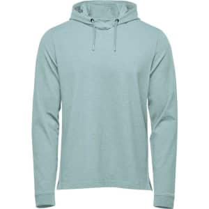 A light blue pullover hoody with a front pocket and a drawstring adjustable hood. It features a logo.