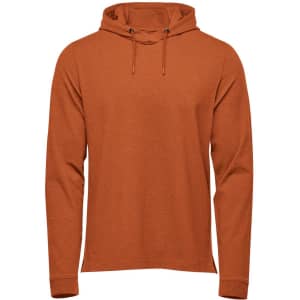 Men's pullover hoodie in burnt orange, featuring a drawstring hood and long sleeves. Includes a branding logo.