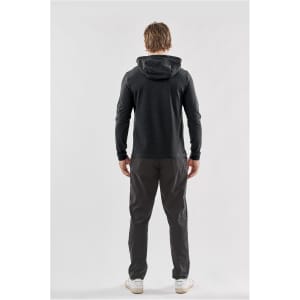 Men's Montebello pullover hoody in dark grey, featuring a hood and slim fit, worn with matching pants.