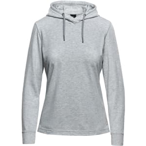 A light grey women's hoodie with a drawstring hood and long sleeves. It features a branding logo.
