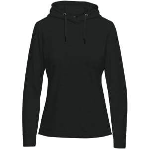A women's pullover hoody in dark green, featuring a front pocket and drawstring hood. It has a logo on the front.