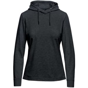 A dark grey women's pullover hoody with a front pocket and drawstring hood. Features a logo.