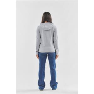 A grey women's pullover hoody with a hood, viewed from the back, paired with blue jeans.