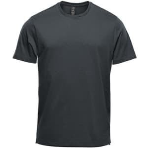 A dark green men's short sleeve tee with a simple design and a logo on the label.