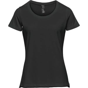 A black women's short sleeve tee with a round neckline and a subtle logo.
