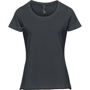 A dark green women's short sleeve tee with a round neckline and a fitted shape, featuring a logo.