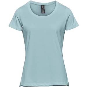 A women's short sleeve tee in a light teal colour with a round neckline and a simple design. It features a logo.