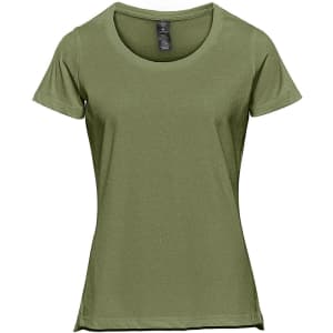 A green women's short sleeve tee with a round neckline and a branding logo.