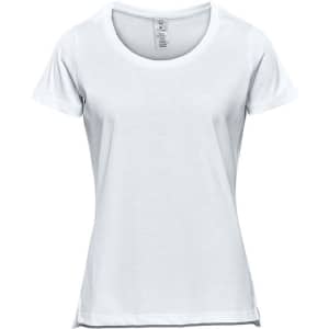 A light blue women's short sleeve tee with a round neckline, featuring a brand logo on the label.