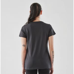 A women's short sleeve tee in a dark grey colour, featuring a plain back view and a fitted design.