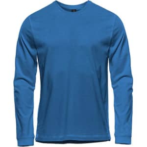 A long sleeve tee in vibrant blue, featuring a simple design and a logo on the chest.