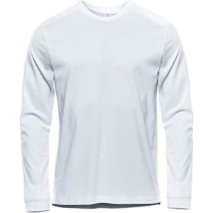 A white long sleeve t-shirt with a crew neck and logo on the chest.