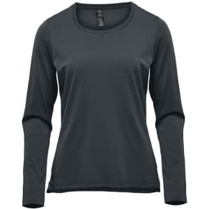 A dark green long sleeve tee with a round neck and a logo on the tag. Suitable for casual wear.