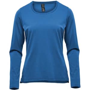 A women's long sleeve tee in a vibrant blue colour, featuring a round neckline and fitted sleeves, with a logo.