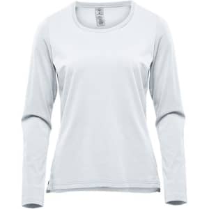 A light grey long sleeve tee with a round neckline. The shirt has a simple design and features a logo.