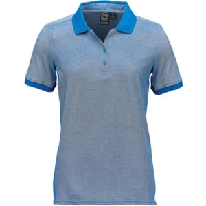 A women's poly cotton polo in grey with blue trim and a logo on the chest.