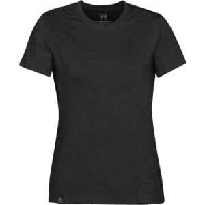 A black women's short-sleeve T-shirt with a round neckline and a logo on the side.