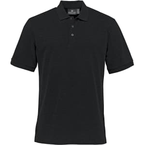 A black polo shirt featuring a collar, short sleeves, and a logo on the chest. Made from stretch pique fabric.
